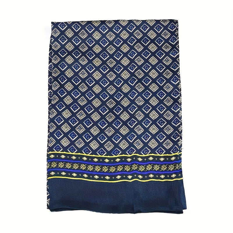 Luxury Men’s Navy Blue Scarf – Gold & Yellow Geometric Pattern Business Scarf