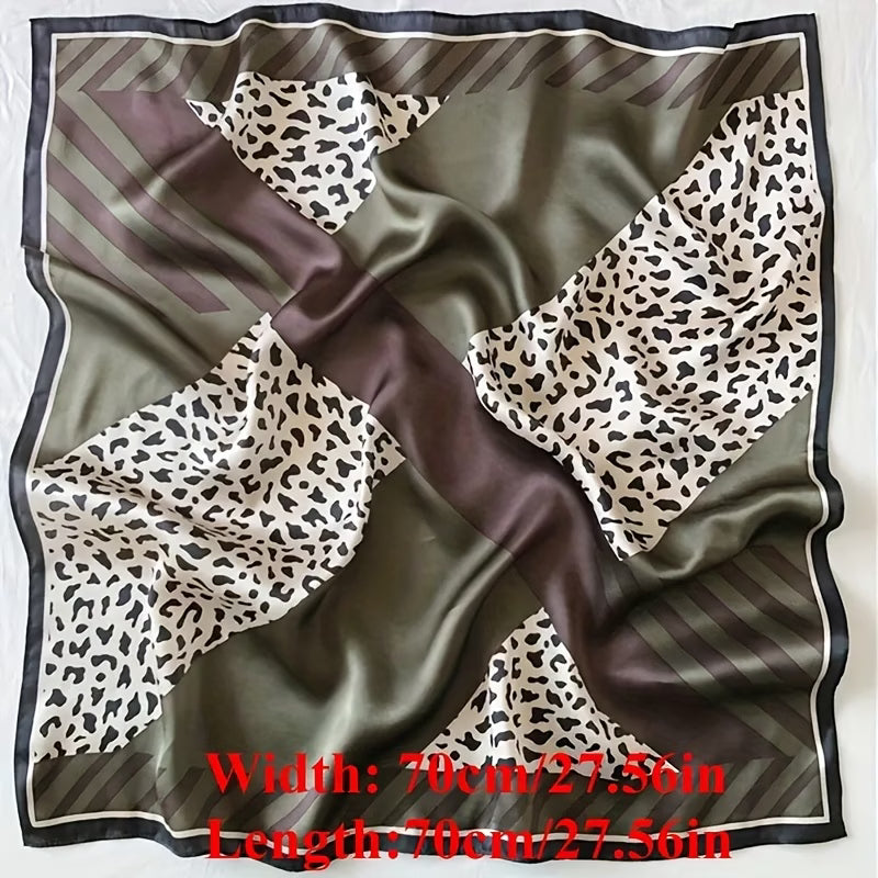 Women’s Bohemian Square Scarf – Olive Green, Brown & Leopard Print Neck Scarf