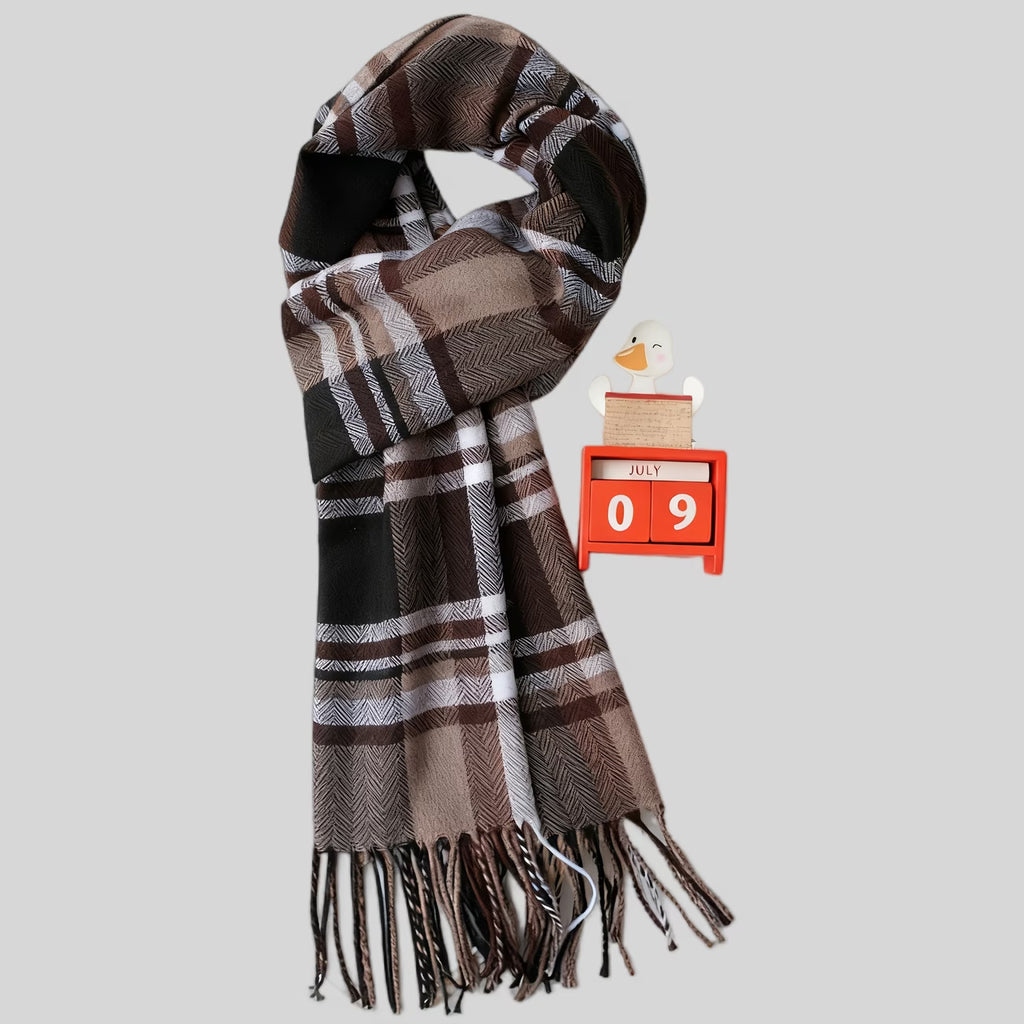 Men’s Brown & Gray Checkered Winter Scarf – Thick Warm Business Casual Scarf