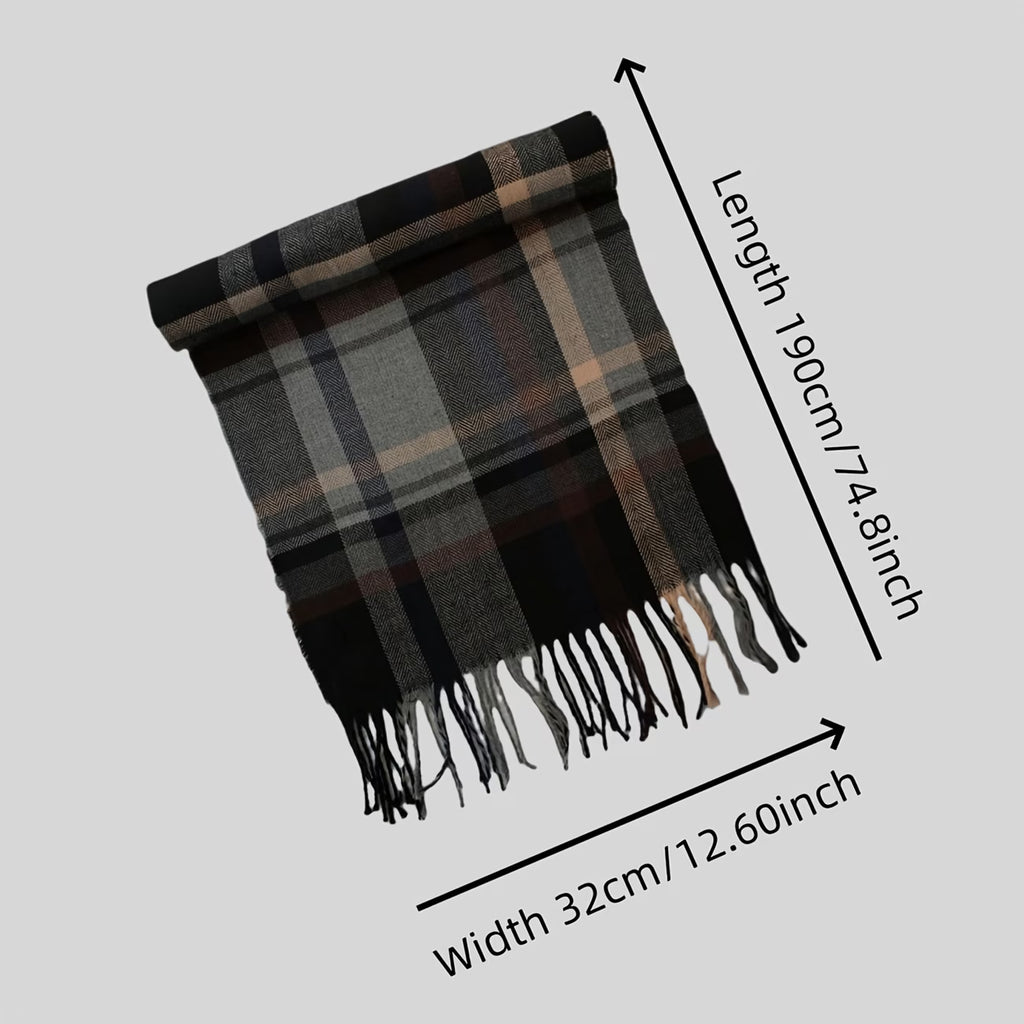 Men’s Brown & Gray Checkered Winter Scarf – Thick Warm Business Casual Scarf