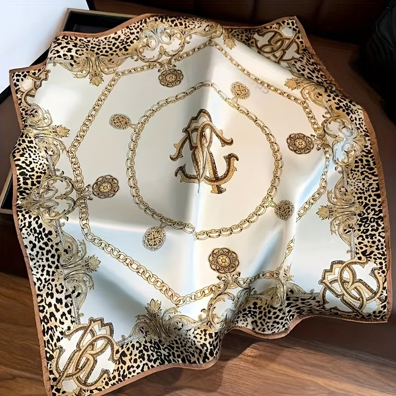 Women’s Chain Leopard Print Satin Square Scarf – Brown 27.5” Fashion Head & Neck Scarf