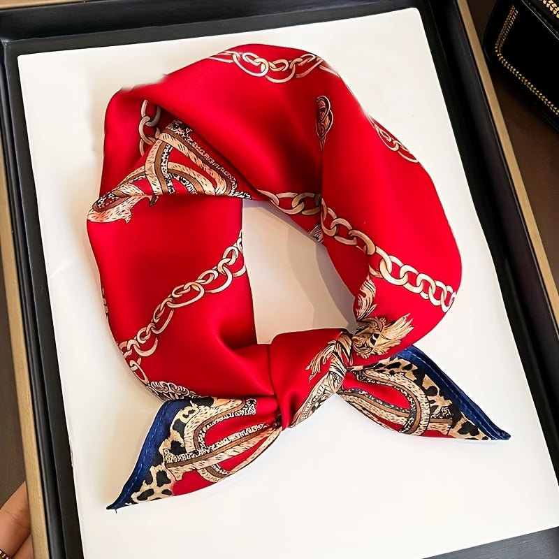 Women’s Chain Leopard Print Satin Square Scarf – Brown 27.5” Fashion Head & Neck Scarf