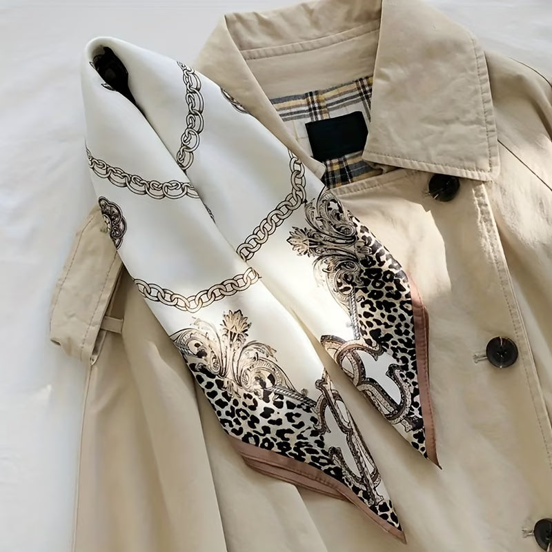 Women’s Chain Leopard Print Satin Square Scarf – Brown 27.5” Fashion Head & Neck Scarf