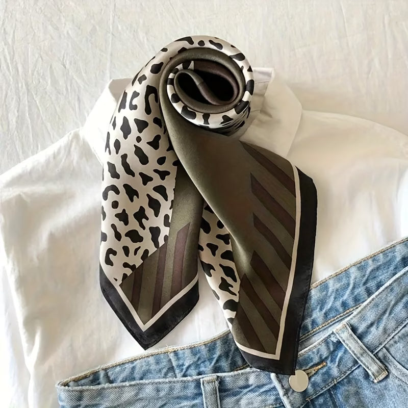 Women’s Bohemian Square Scarf – Olive Green, Brown & Leopard Print Neck Scarf