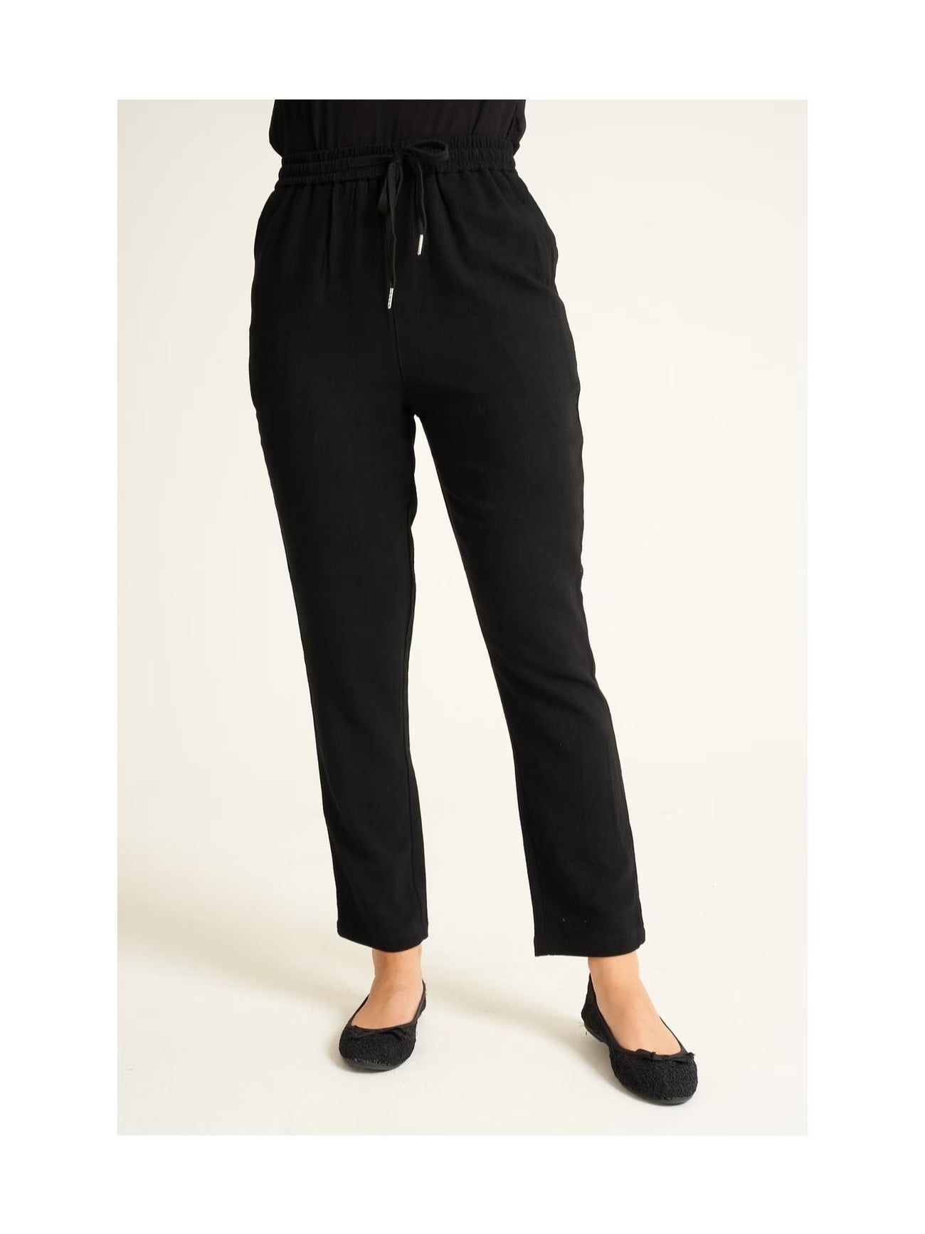 Women’s Black Drawstring Trousers – Relaxed Fit Elastic Waist Straight Leg Pants for Casual Wear & Lounging