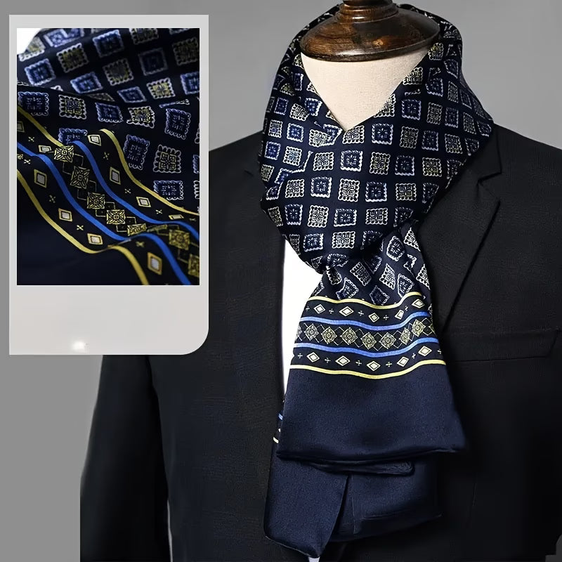 Luxury Men’s Navy Blue Scarf – Gold & Yellow Geometric Pattern Business Scarf