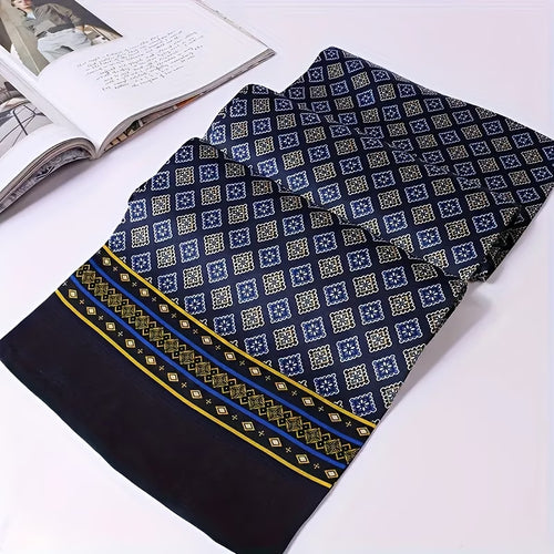 Luxury Men’s Navy Blue Scarf – Gold & Yellow Geometric Pattern Business Scarf