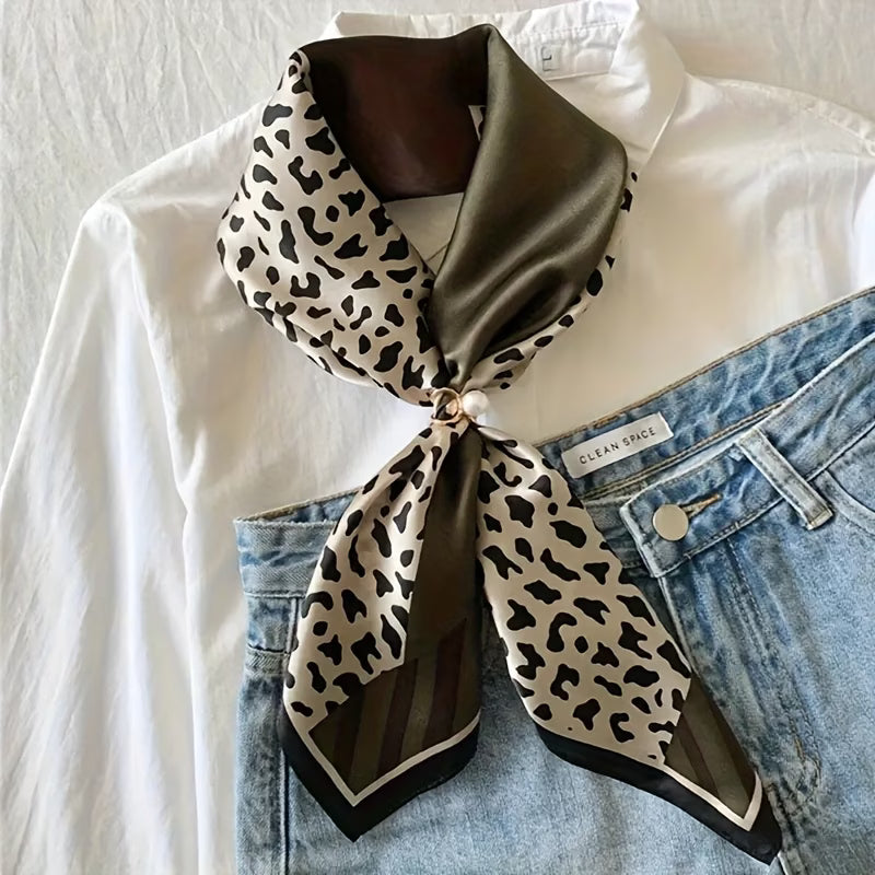 Women’s Bohemian Square Scarf – Olive Green, Brown & Leopard Print Neck Scarf