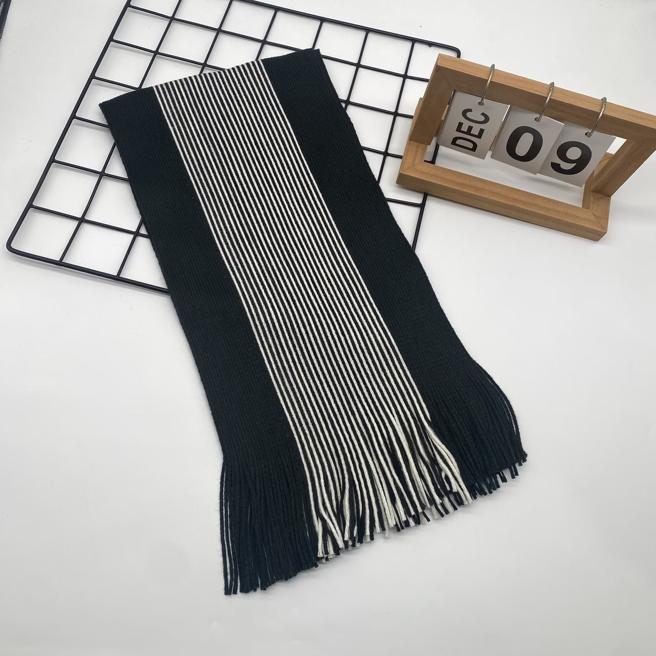 Men’s Double-Sided Striped Scarf – Warm Winter Scarf with Tassels