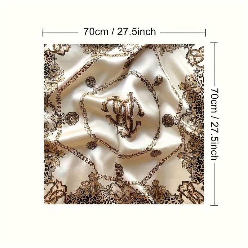 Women’s Chain Leopard Print Satin Square Scarf – Brown 27.5” Fashion Head & Neck Scarf