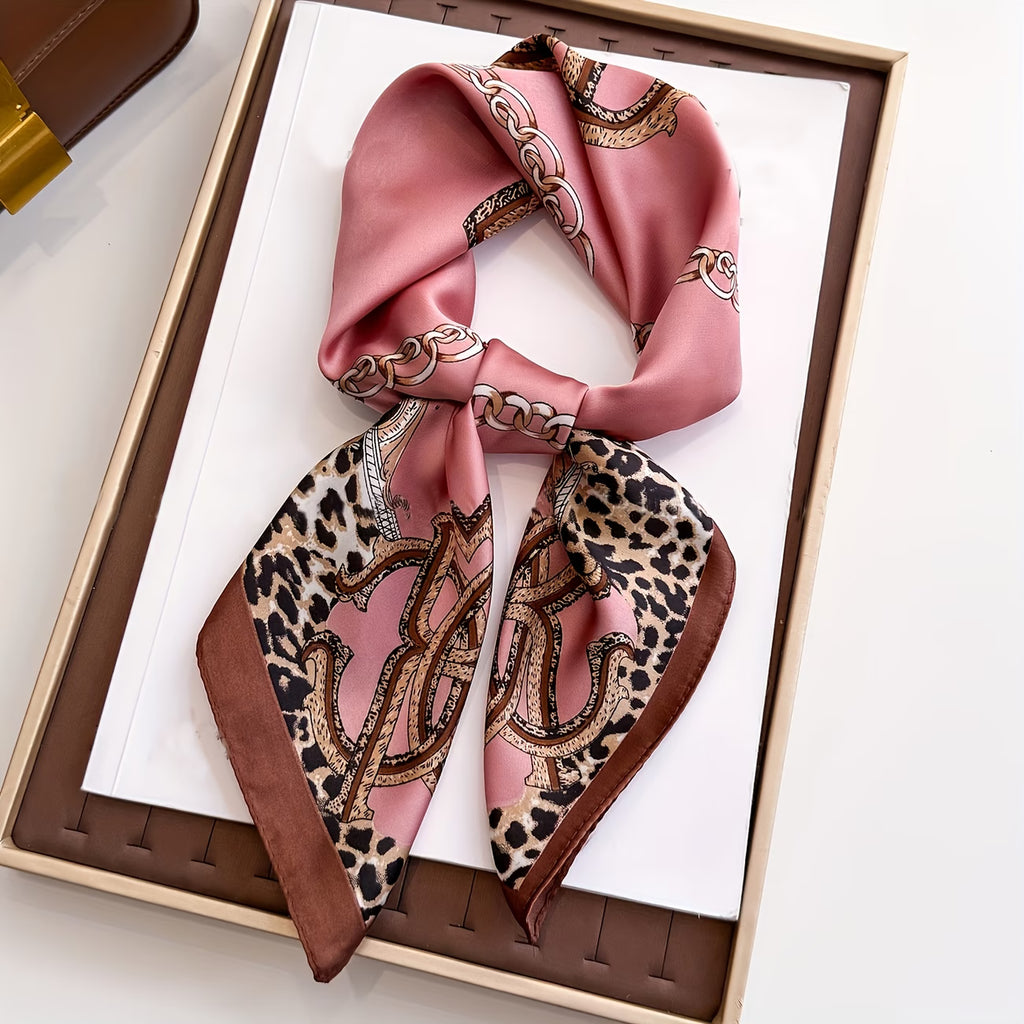 Women’s Chain Leopard Print Satin Square Scarf – Brown 27.5” Fashion Head & Neck Scarf