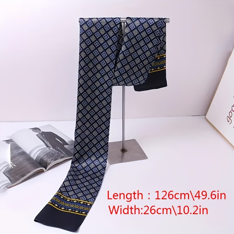 Luxury Men’s Navy Blue Scarf – Gold & Yellow Geometric Pattern Business Scarf