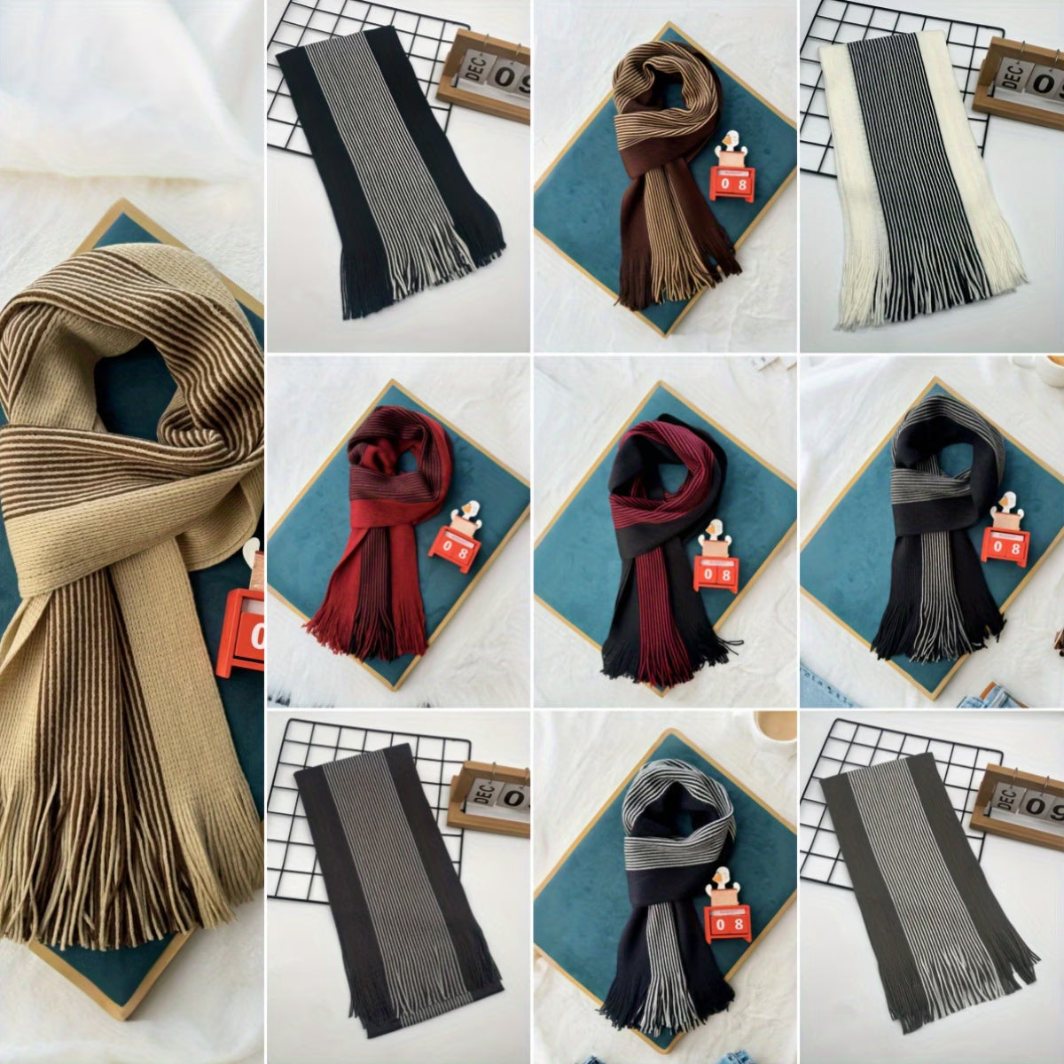 Men’s Double-Sided Striped Scarf – Warm Winter Scarf with Tassels