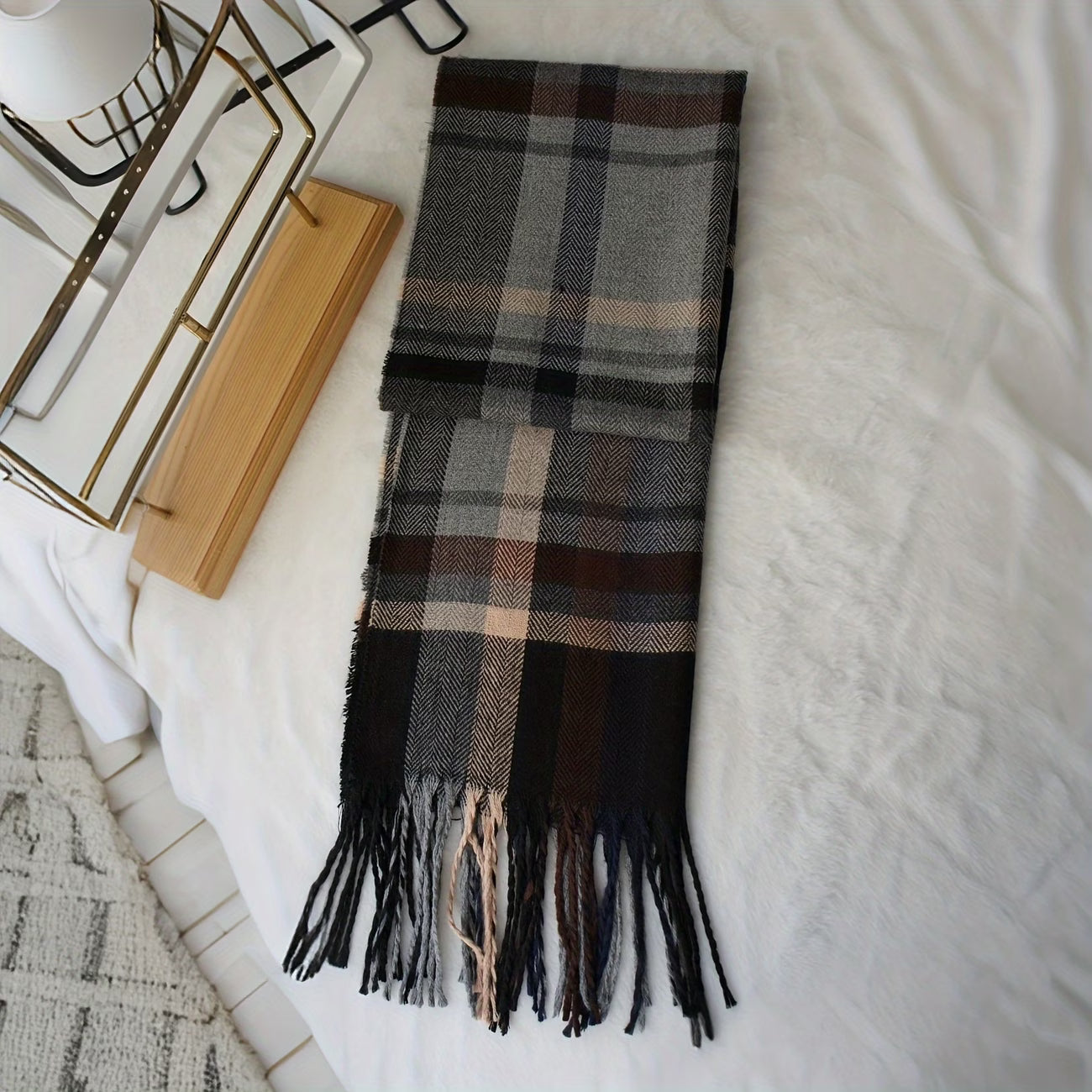 Men’s Brown & Gray Checkered Winter Scarf – Thick Warm Business Casual Scarf