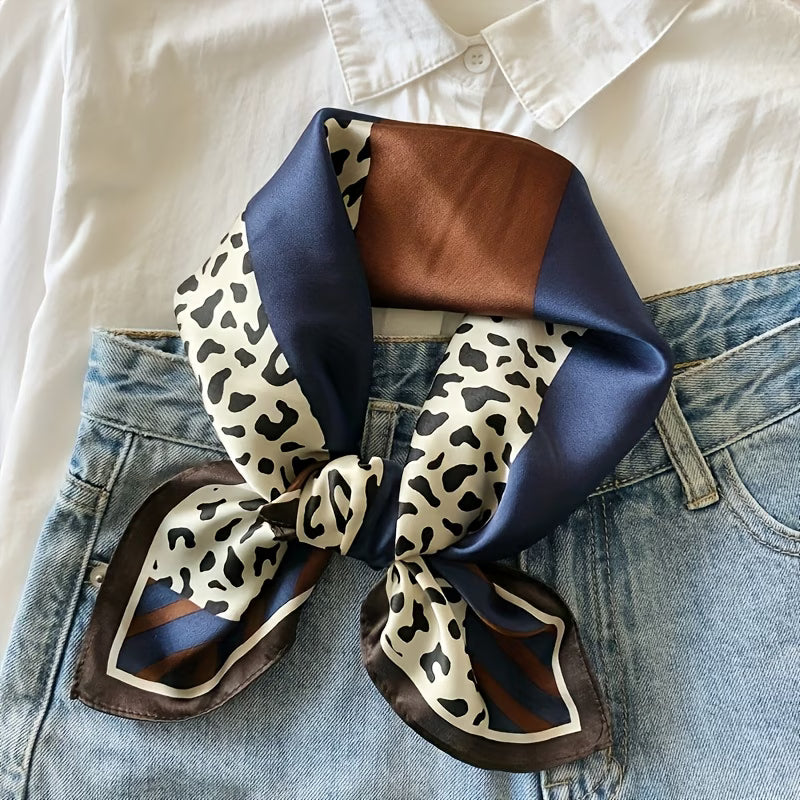 Women’s Bohemian Square Scarf – Olive Green, Brown & Leopard Print Neck Scarf
