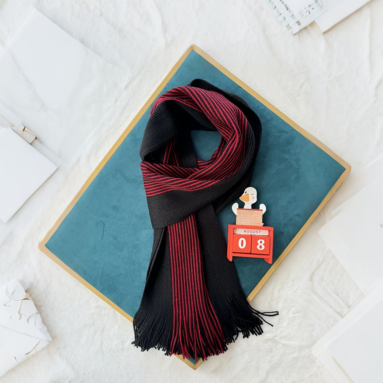 Men’s Double-Sided Striped Scarf – Warm Winter Scarf with Tassels