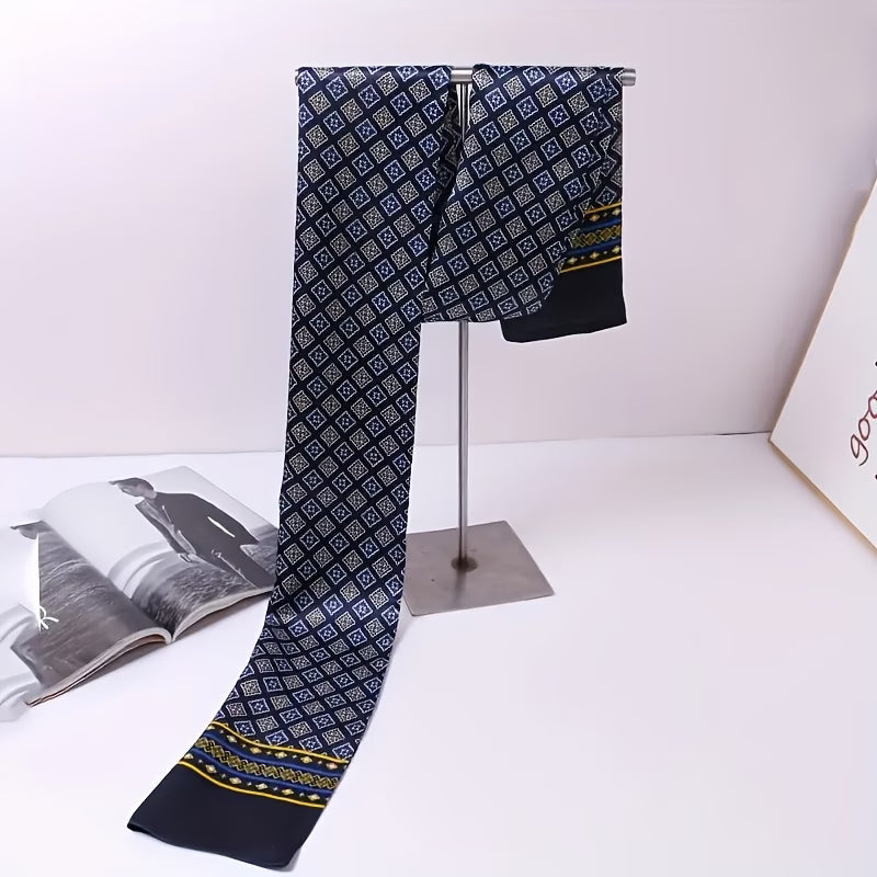 Luxury Men’s Navy Blue Scarf – Gold & Yellow Geometric Pattern Business Scarf